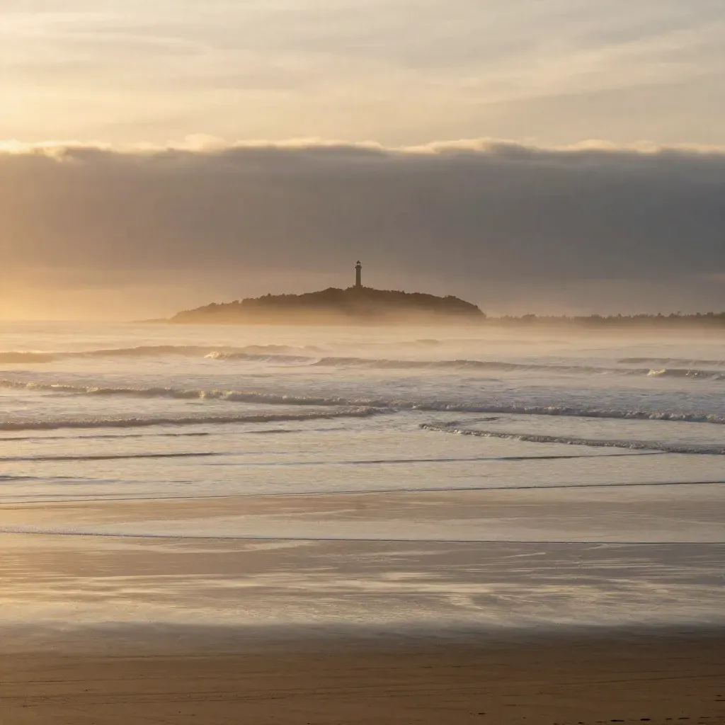 Pantai Banten saat senja dengan siluet mercusuar, kabut laut, dan dataran pasang reflektif.