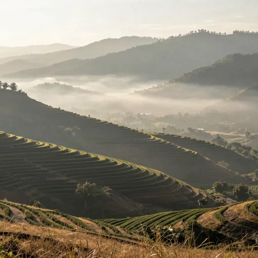 Pegunungan Bandung di Jawa Barat dengan teras teh, kabut lembah, dan cahaya sore.
