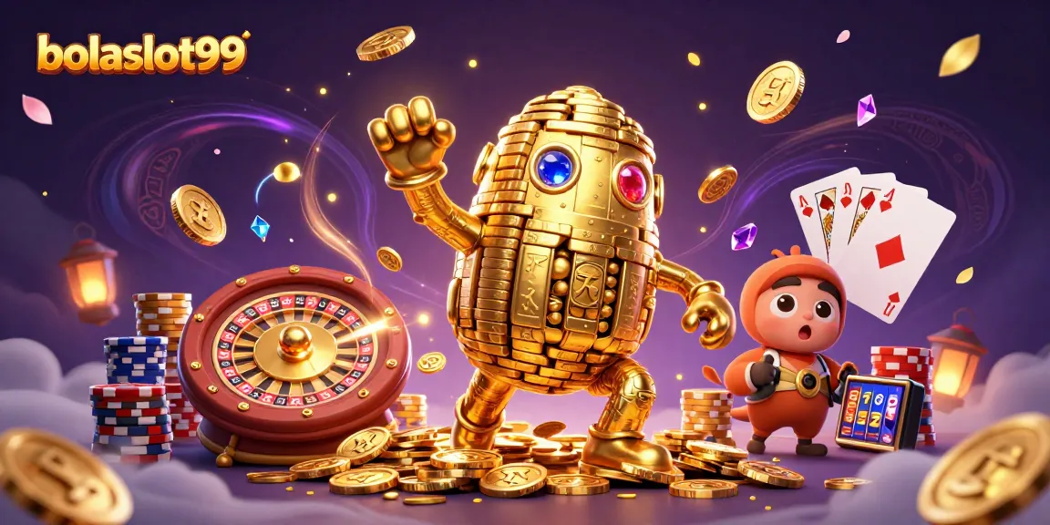 Engage with bolaslot99’s golden golem amidst vibrant 3D casino elements for thrilling gameplay.