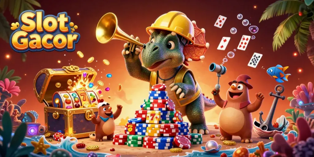 Slot Gacor menghadirkan triceratops membangun piramida chip poker dengan suasana meriah.