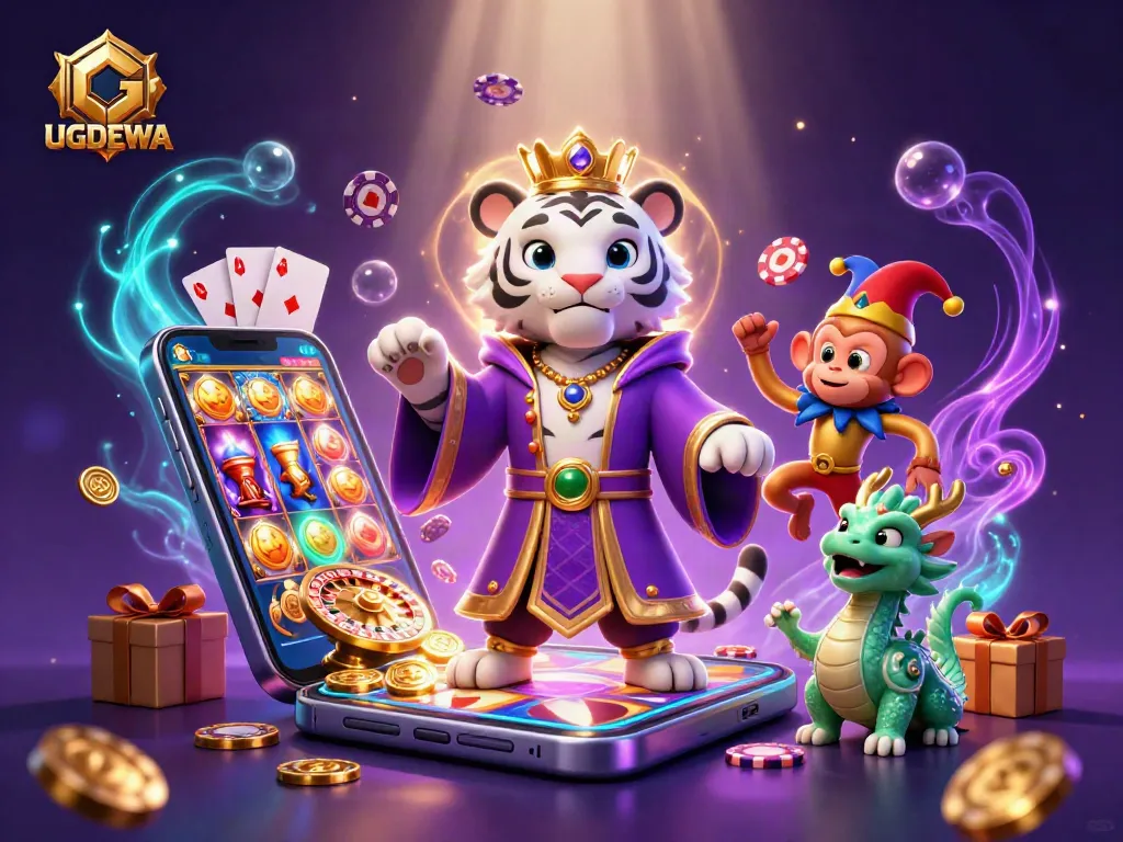 Experience the thrilling action of UGDEWA with a lively 3D cartoon illustration showcasing vibrant gaming elements.