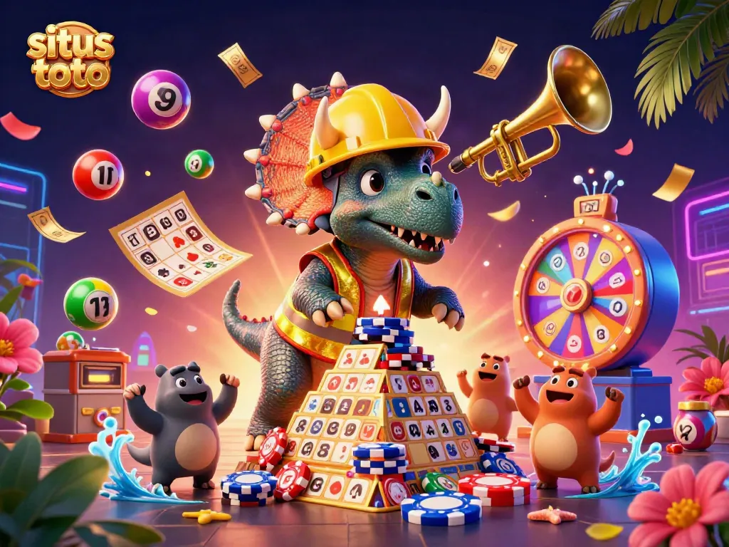 Situs toto excitement illustrated with a triceratops building poker chip pyramid, celebrating with lottery elements.