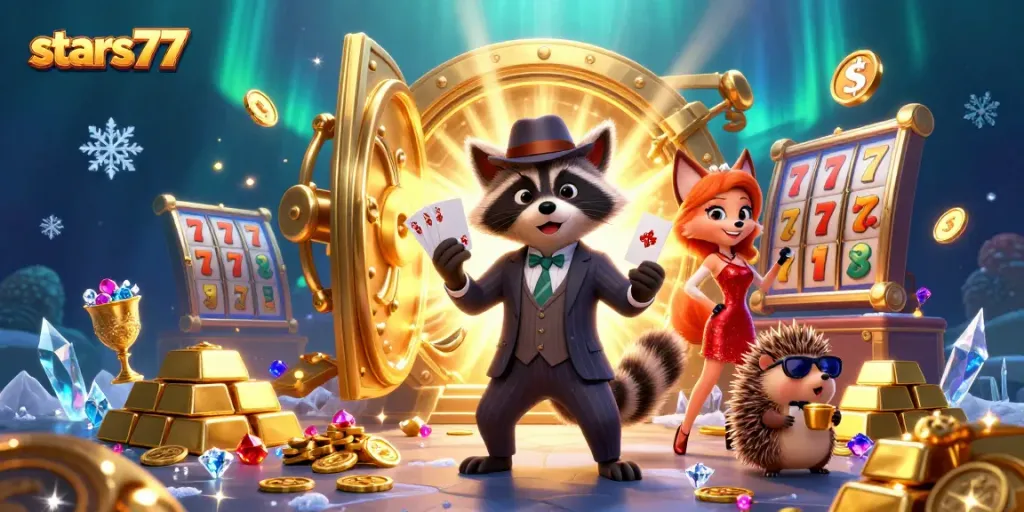 Permainan menarik di stars77 dengan karakter lucu, slot jackpot, dan harta karun berkilau.
