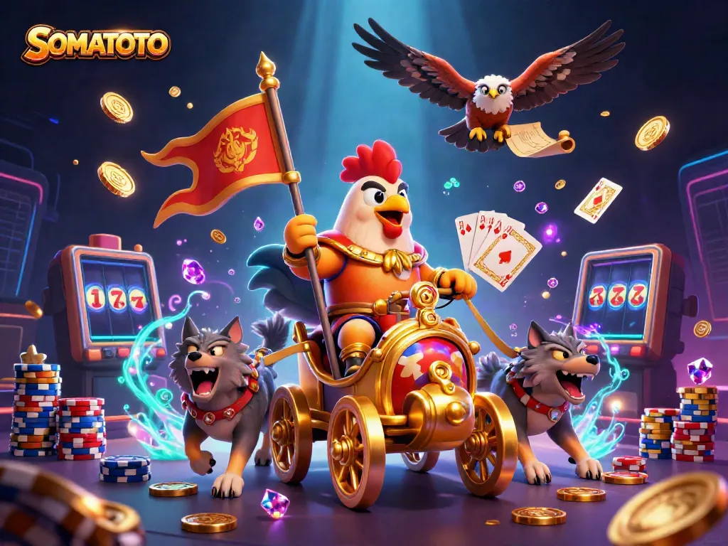 Experience thrilling gameplay with SOMATOTO as the rooster warlord commands a vibrant casino world filled with treasures.