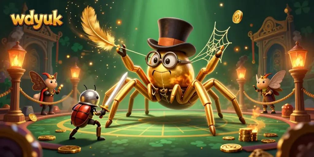 Experience wdyuk's thrilling casino scene with a golden tarantula and beetle knight amidst dazzling elements.