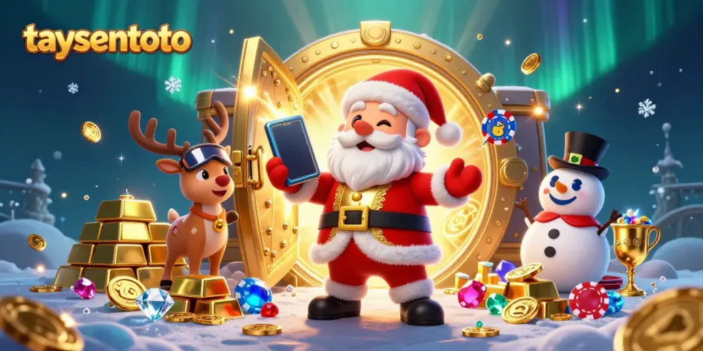 TAYSENTOTO menghadirkan suasana kasino dengan Santa Claus yang ramah dan teman-temannya, menggambarkan pengalaman bermain yang nyaman.
