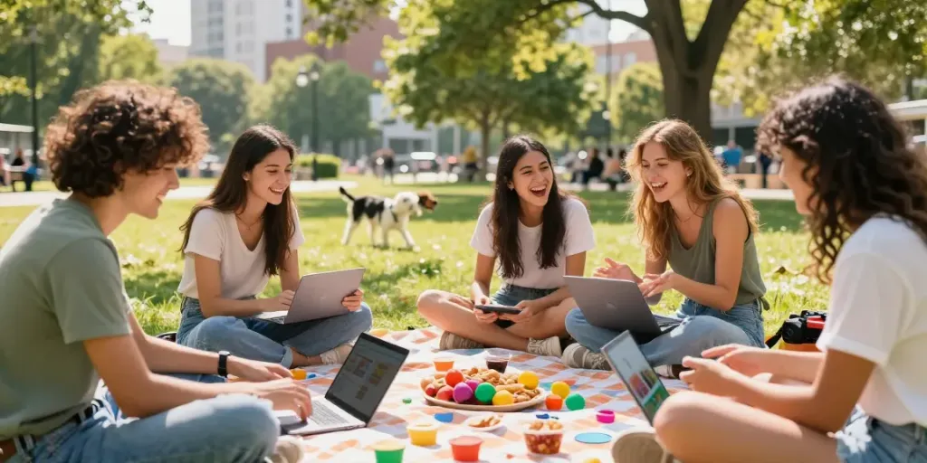 Teman-teman bermain natunatoto di taman kota, bersenang-senang dengan laptop dan camilan.
