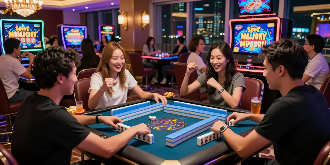 Player enjoying Slot MAHJONGJP88 in a lively casino setting with friends.