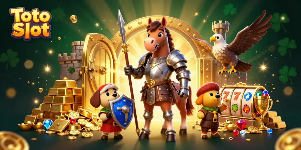 Gambarlah karakter Toto Slot dengan pahlawan berkuda, anjing squire, dan elang di dalam suasana kasino yang megah.
