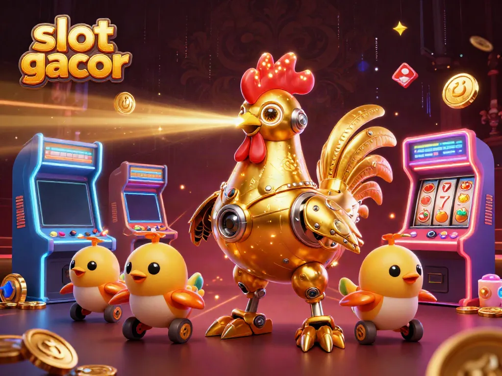 Menggambarkan slot gacor dengan robot ayam emas futuristik dan drone ayam di lingkungan kasino 3D penuh warna.