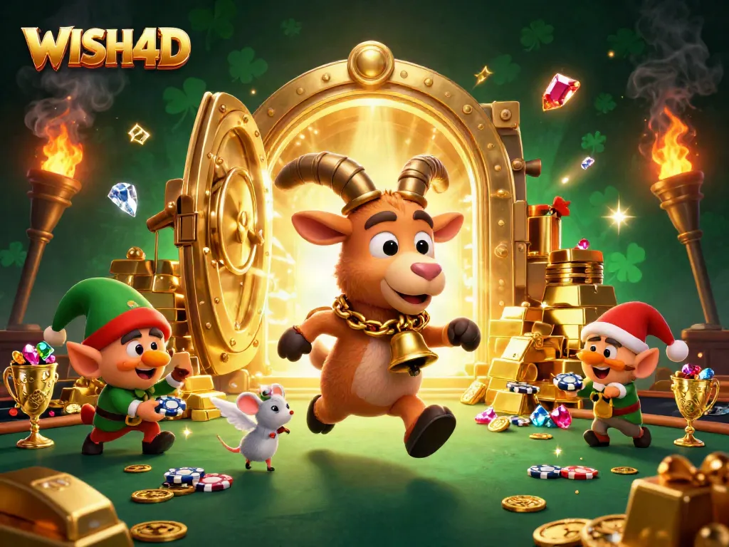 Experience winning fun with WISH4D as lively characters play in a dazzling casino scene.