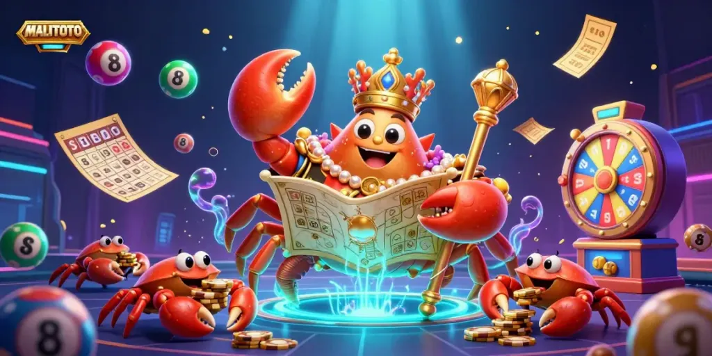MALITOTO showcases a golden crab emperor amidst vibrant lottery elements in a dynamic casino scene.