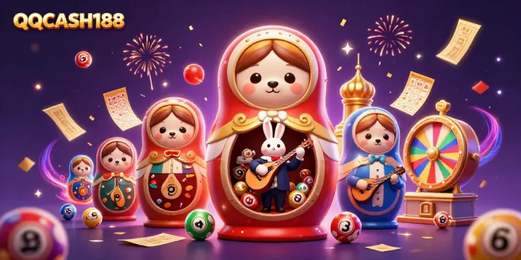 Engage with QQCASH188 through a vibrant casino illustration showcasing dynamic games and entertainment.