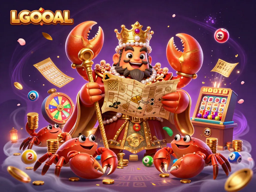 Experience thrilling online gaming action with LGOGOAL's vibrant scene of a golden crab emperor and fun game elements.