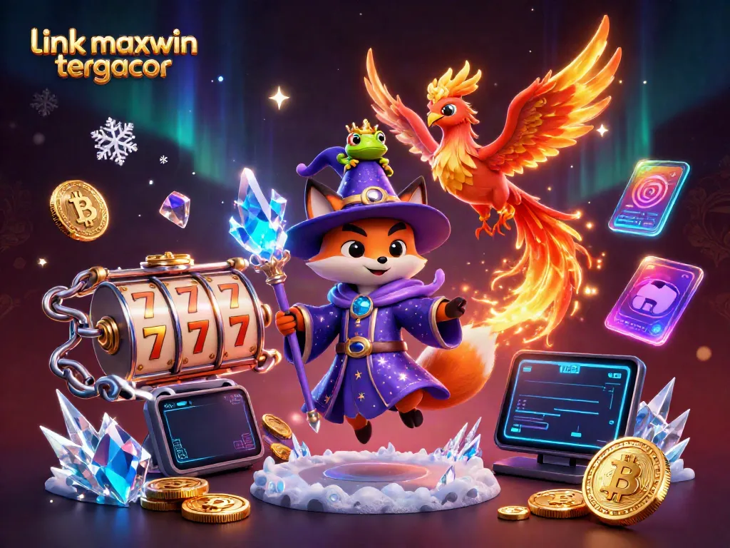 Engage with the link maxwin tergacor in this vibrant illustration showcasing a wizard fox, phoenix, and crypto elements in a casino setting.