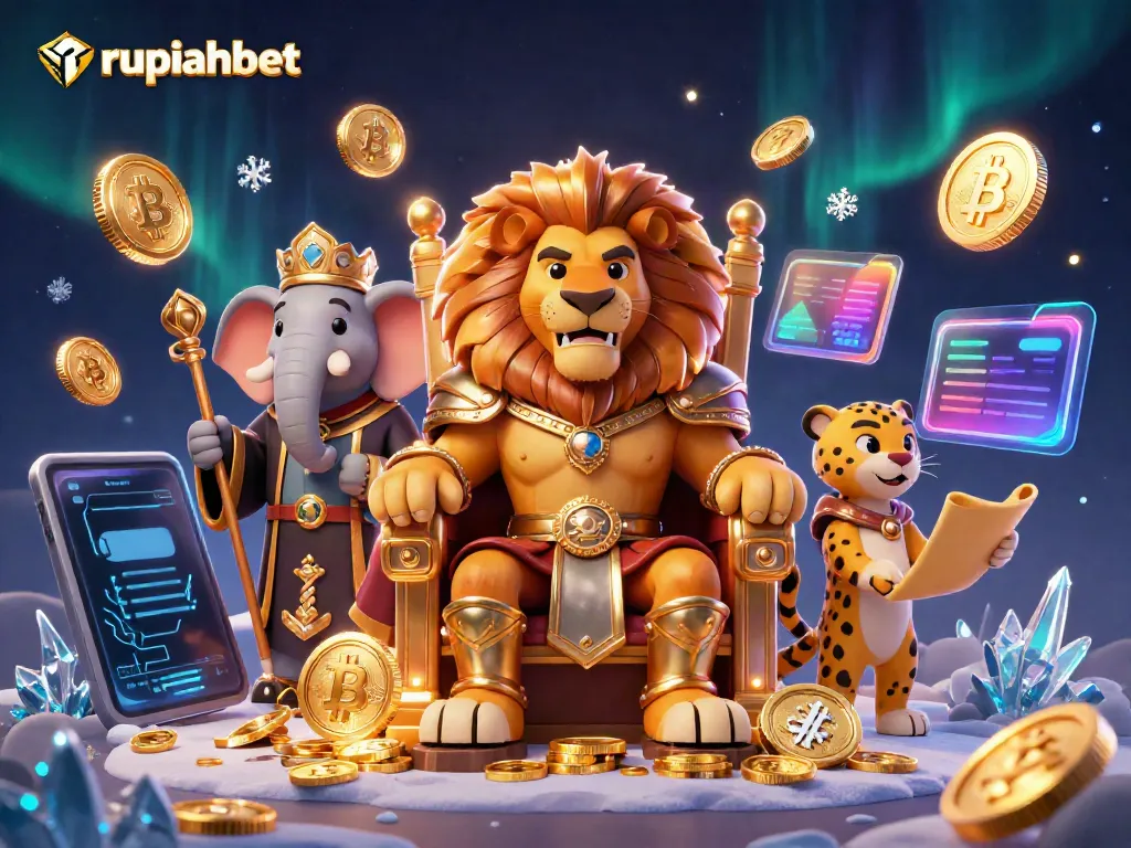 Join the royal scene with rupiahbet featuring lion king, elephant advisor, and cheetah messenger in a vibrant casino environment.