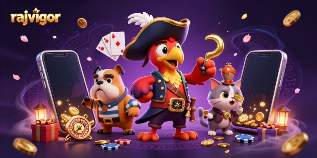 Engage with rajavigor's exciting slot games illustrated through a vibrant pirate-themed scene.