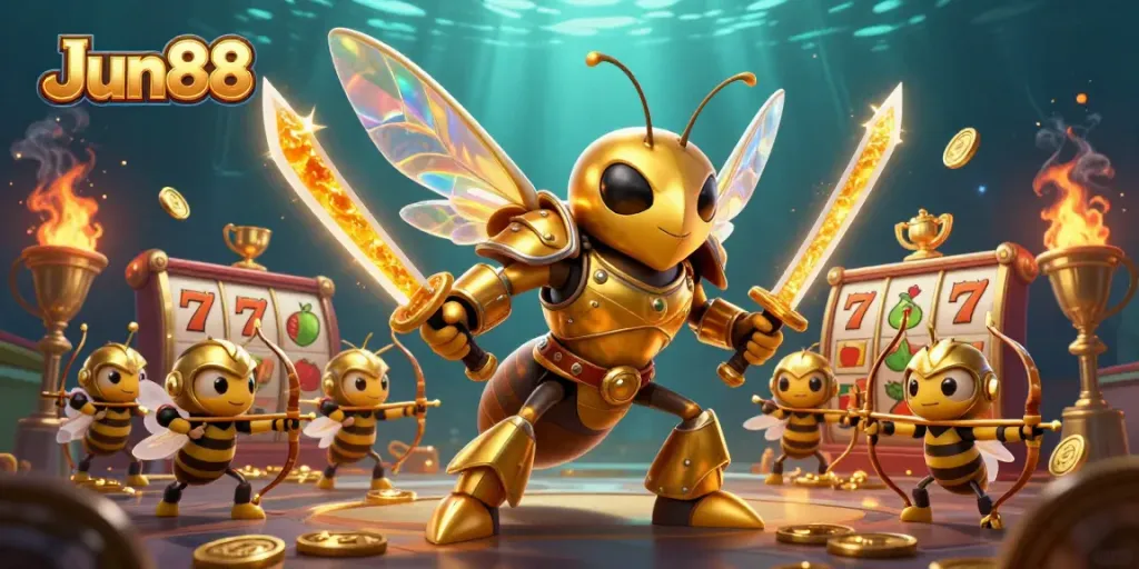 Experience the thrill of Jun88 slots with a unique 3D illustration featuring action-packed gaming elements and characters.