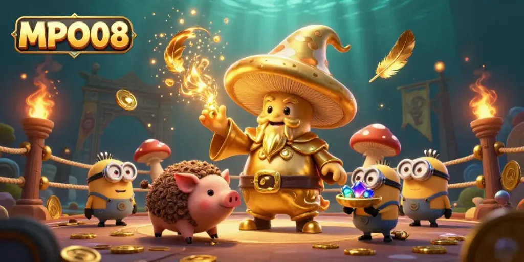 Engage in thrilling gameplay with MPO08's magical mushroom wizard and treasure-hunting truffle pig amidst vibrant casino elements.