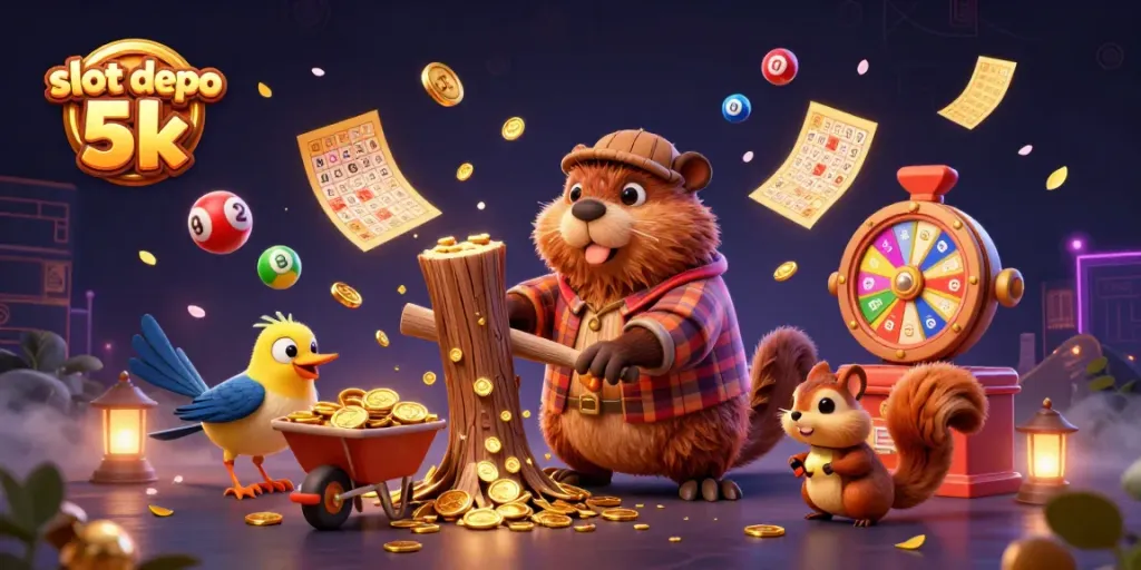 Collect golden coins in the engaging "slot depo 5k" casino scene filled with vibrant games and characters.