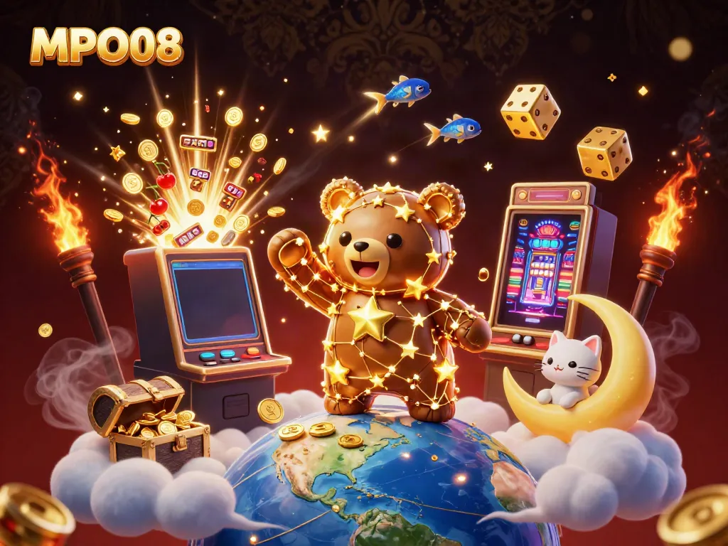 Engage in play with MPO08 while winning coins and jackpots in this vibrant casino scene.