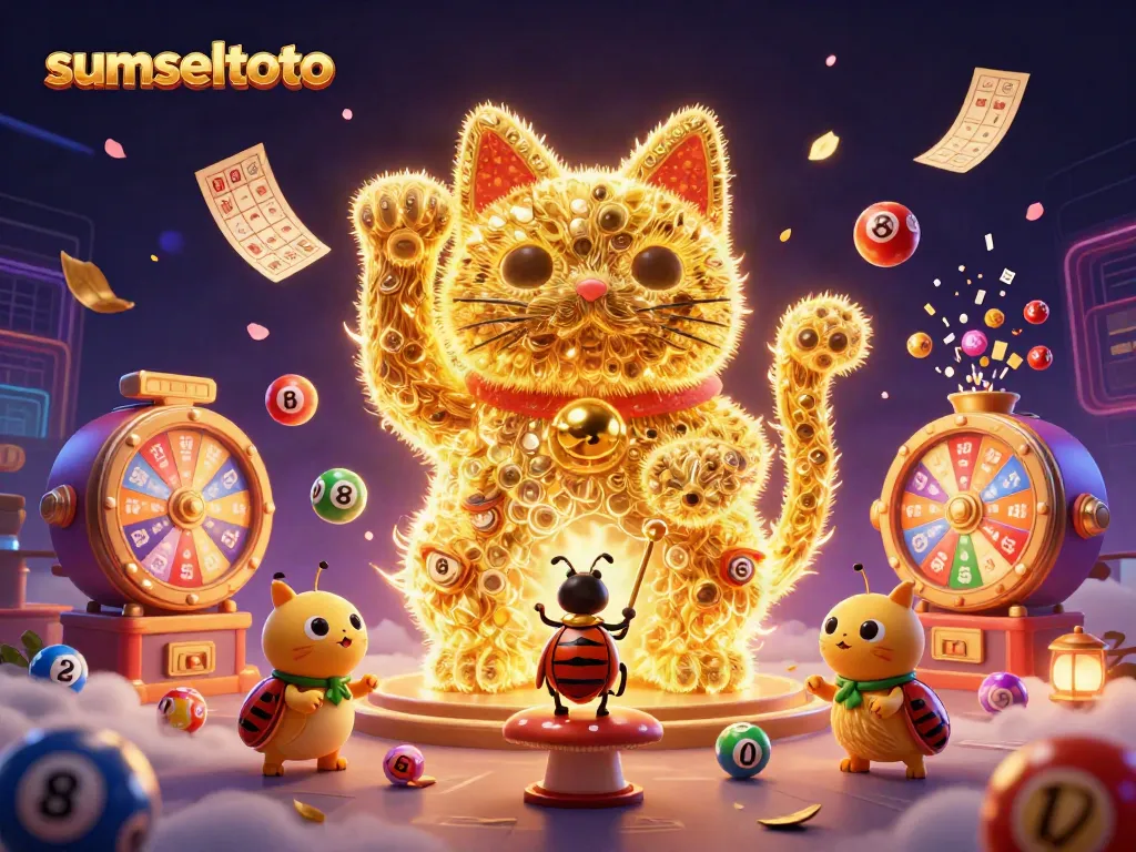 Experience the vibrant world of sumseltoto with a whimsical cat and bouncing lottery elements.