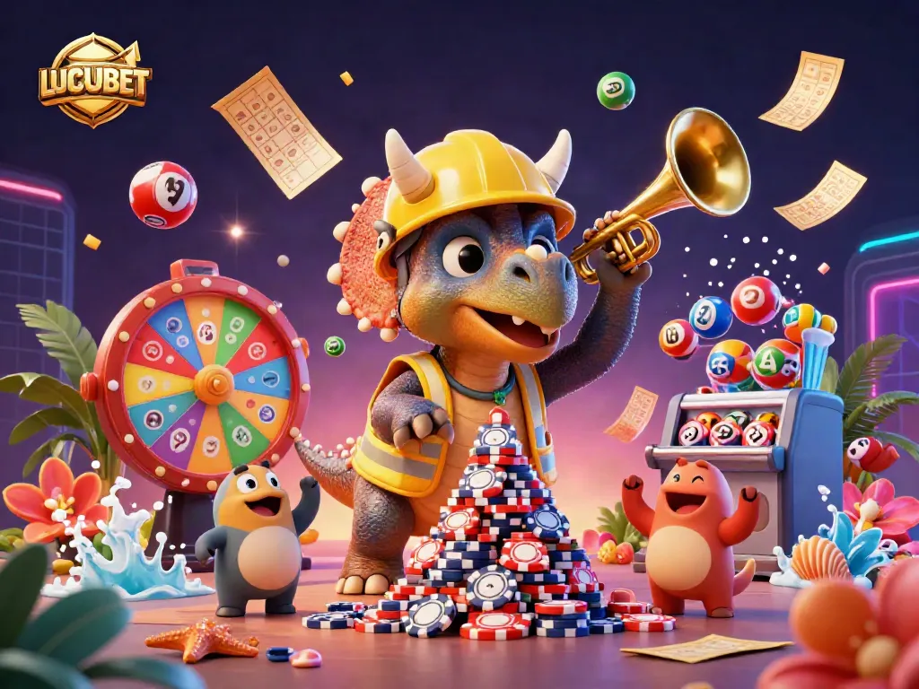 Engage with LUCUBET's exciting atmosphere, featuring a vibrant 3D scene of playful characters in a casino context.