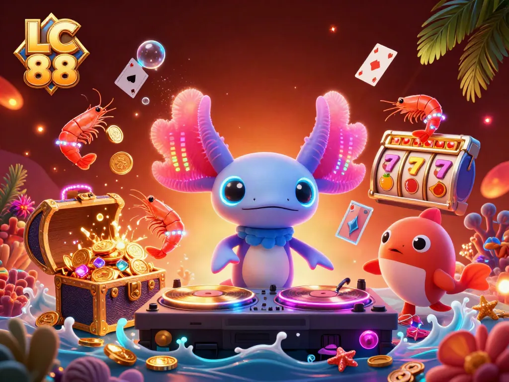 Engage with LC 88 at a vibrant online casino with a neon axolotl DJ spinning records.