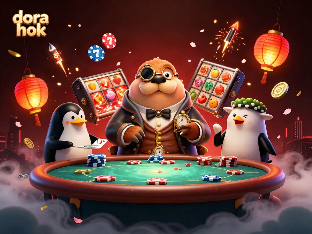 Dora hok melibatkan walrus jokester di meja poker bawah laut yang menyenangkan, menambah elemen judi yang seru.