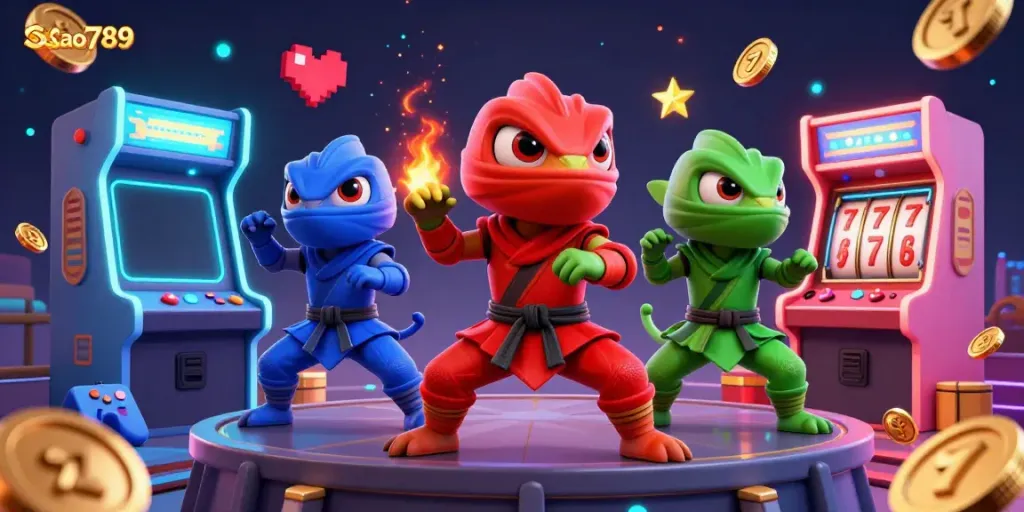 Sao789 features vibrant 3D chameleon ninjas immersed in arcade games and casino action.