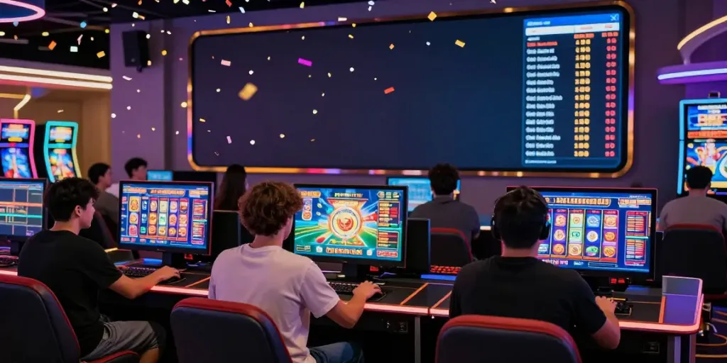 Pengalaman bermain totowin88 di kasino online, gamer terlibat dalam permainan slot virtual dengan suasana ceria.