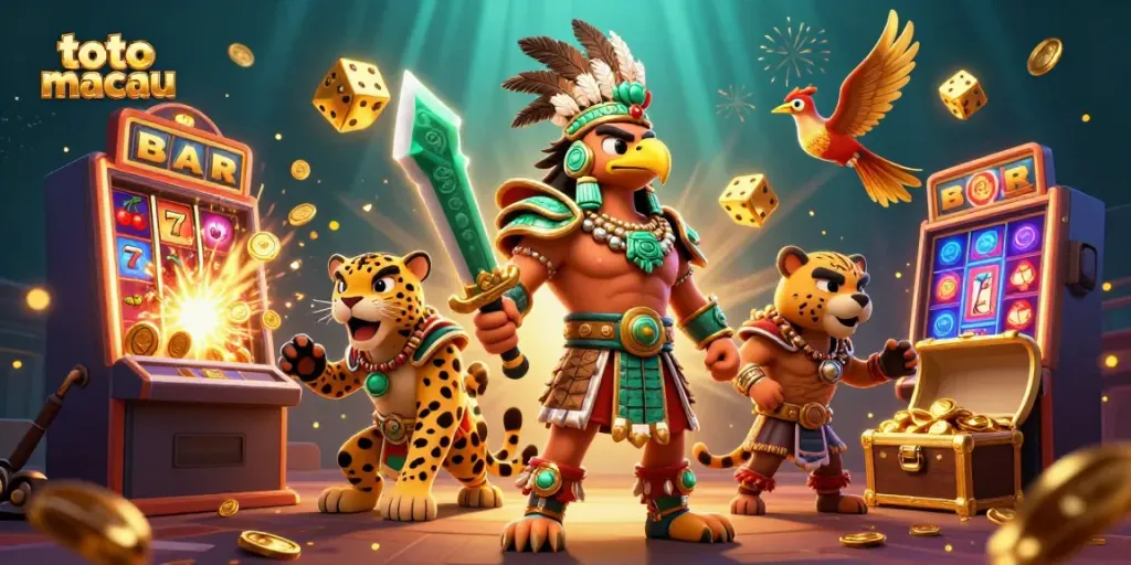 Toto Macau-inspired scene showcasing an Aztec warrior eagle and jaguar amidst a flashy slot machine and casino elements.