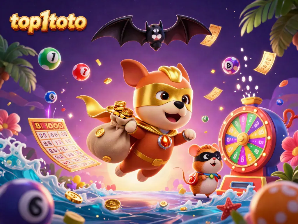 Jelajahi keseruan top1toto dengan pahlawan kartun 3D dan bola lotere yang berwarna-warni di dalam suasana kasino.