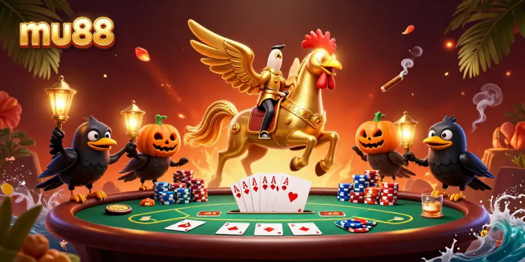Engage with mu88's thrilling casino atmosphere, featuring a golden rooster hero and poker elements.