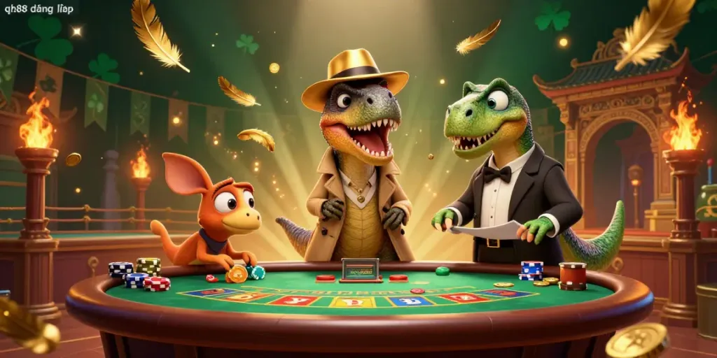 Experience qh88 đăng nhập with playful dinosaurs at a blackjack table, embodying a lively casino atmosphere.