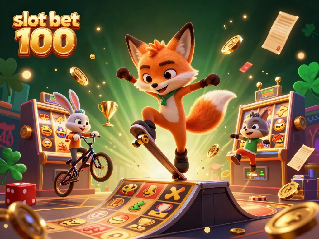 Ilustrasi 3D fantastis tentang dimainkan slot bet 100 dengan karakter ceria di latar belakang kasino yang penuh warna.