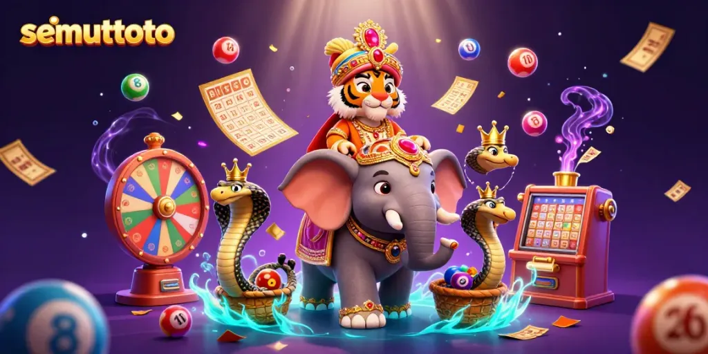 Mainkan Togel Online dengan semuttoto, diwakili oleh harimau maharaja 3D dan elefant berhiaskan permata.