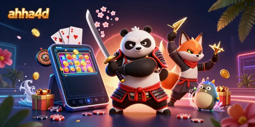 Gamer AHHA4D berinteraksi dengan karakter kartun 3D di dunia togel online yang dinamis.