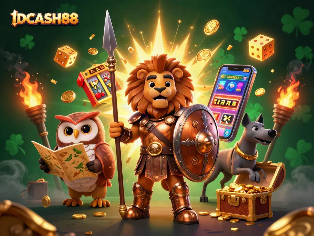 Experience exciting casino action at IDCASH88 with vibrant slot machines bursting with coins and festive elements.