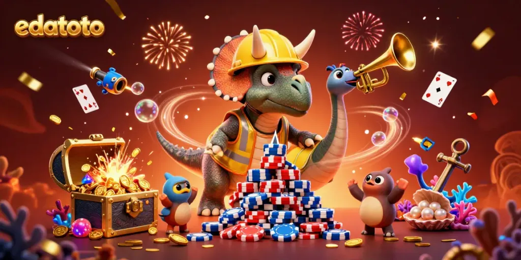 Celebrate with edatoto's thrilling gaming atmosphere in this vibrant 3D illustration.
