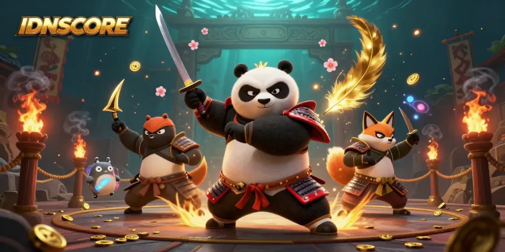 Experience thrilling action with IDNSCORE as cartoon samurai panda and ninja fox battle in a dynamic 3D casino scene.