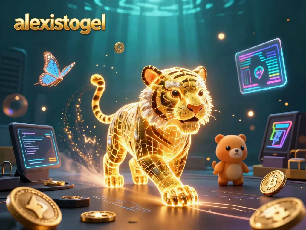 Visualisasi kasino digital 'alexistogel' dengan harimau neon dan efek cahaya memikat.