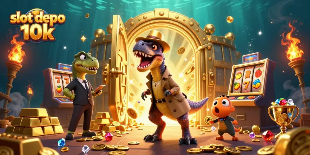 Engage with slot depo 10k through a vibrant 3D casino scene featuring cartoon dinosaurs in action.