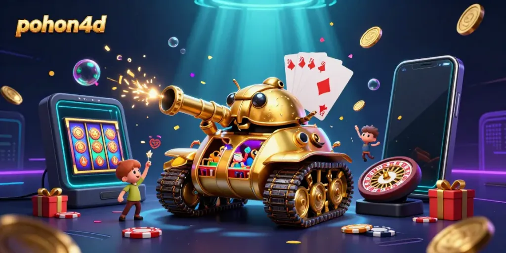 Experience the excitement of pohon4d with a vibrant casino scene showcasing golden beetles and slot games.