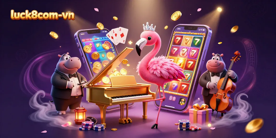 Experience a vibrant casino scene with luck8com-vn, featuring a singing flamingo and a hippo bassist amidst exciting game elements.