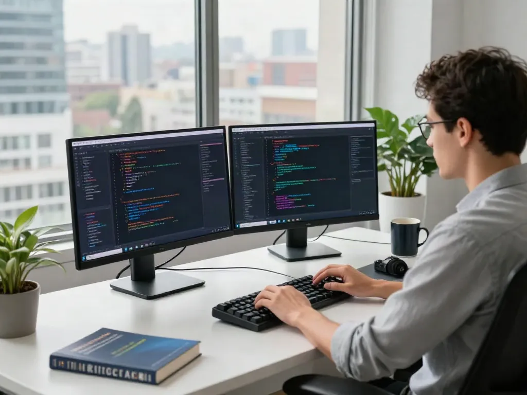 Developer menggunakan dewitogel login di ruang kerja modern dengan perangkat coding yang canggih.