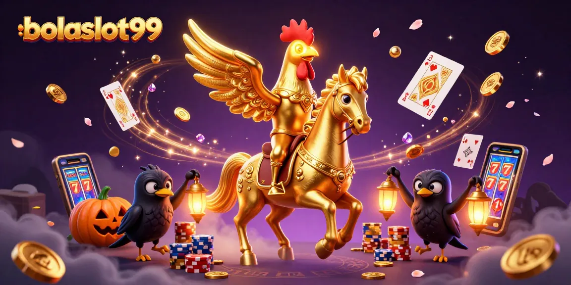 Win big with bolaslot99 in a dynamic casino scene featuring a golden rooster and stunning game elements.