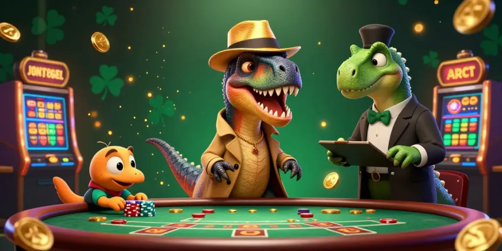 Engage in captivating gameplay at JONITOGEL with a vibrant scene capturing a velociraptor card counter and a stegosaurus pit boss.