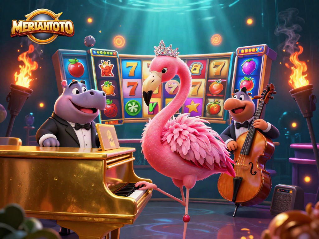 Meriahtoto menghadirkan suasana kasino yang berkilau dengan penyanyi flamingo dan elemen mesin slot.