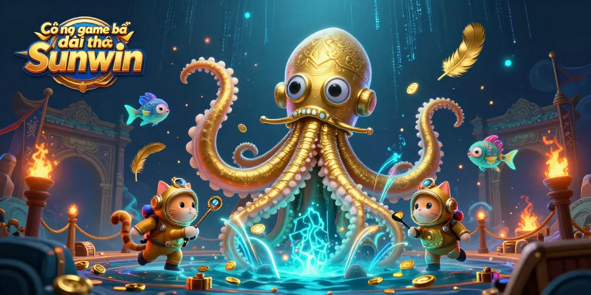 Cổng game bài đổi thưởng Sunwin featuring a colossal kraken and a vintage diving cat diving into a treasure-filled adventure, surrounded by dynamic gaming elements and effects.
